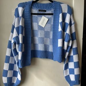 Blue and White Checkered Women's Cardigan